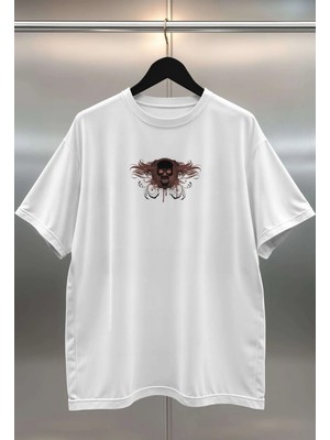 Buzagi Skull Dijital Baskı Oversize Beyaz Unisex Tişört