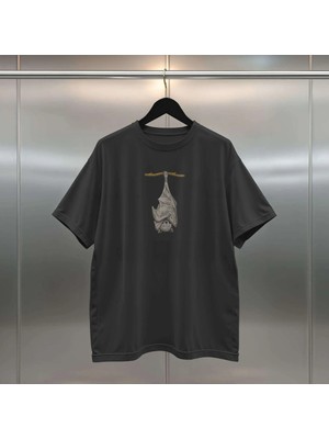 Buzagi Yarasa Dijital Baskı Oversize Unisex Siyah Tişört