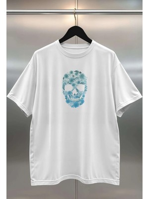 Buzagi Flower Skull Dijital Baskı Oversize Beyaz Unisex Tişört