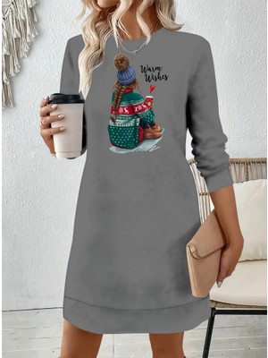 Stores36 Kadın Uzun Kollu Bisiklet Yaka Desenli Viskon Iki Iplik Elbise