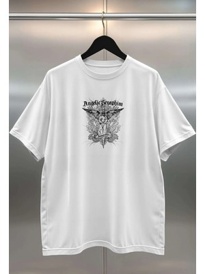Buzagi Angelic Seraphim Dijital Baskı Oversize Unisex Beyaz T-Shirt