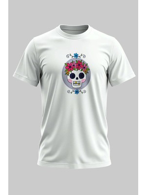 Buzagi Flower Skull Dijital Baskı Regular Kalıp Beyaz Unisex Tişört