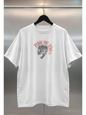 Buzagi Punk Not Dead Dijital Baskı Oversize Unisex Beyaz T-Shirt