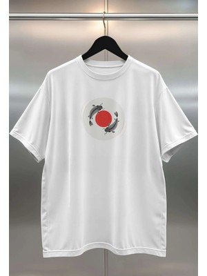 Buzagi Koi Fishes Dijital Baskı Oversize Unisex Beyaz T-Shirt