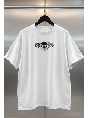 Buzagi Stay True Dijital Baskı Oversize Unisex Beyaz T-Shirt