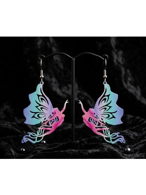 Fm Modern & Renkli : Çelik Üzeri Renk Geçişli Su Perisi Küpe - Degrade Tasarım Sallantılı Küpe, Masalsı Mistik Kanatlı Peri Tasarım Çelik Küpe - Pembe, Mor ve Turkuaz Işıltısı