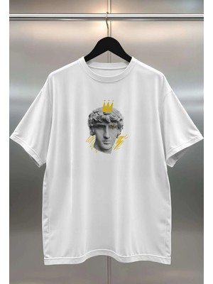 Buzagi Heykel Dijital Baskı Oversize Beyaz Unisex Tişört