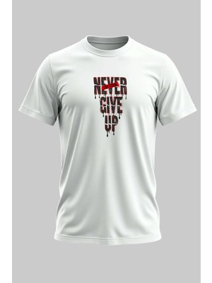 Buzagi Never Give Up Dijital Baskı Regular Kalıp Unisex Beyaz T-Shirt