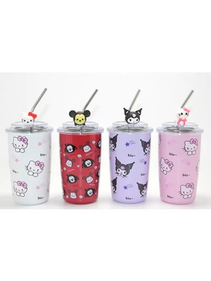 Marsilyan Sanrio Hello Kitty ve Kuromi Figürlü Isı Muhafazalı Metal Pipetli Çelik Kupa
