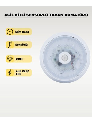 AC Aydınlatma Acil Kitli Pilli LED Sensörlü Slim Tavan Armatürü 6500K Beyaz Işık Şarjlı Acil Aydınlatma
