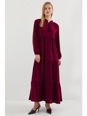 Bigdart 1627 Yaka Bağcıklı Tesettür Elbise - D. Bordo