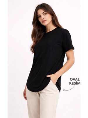 Pileli Store Kadın Basic T-Shirt Kısa Kol Bisiklet Yaka Oval Kesim Tişört - Siyah
