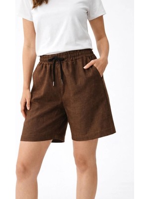 Pileli Store Kadın Keten Kumaş Cepli Rahat Kesim Bel Lastikli Şort - Kahverengi