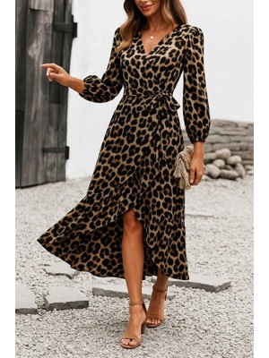 Stores36 Kadın Uzun Kollu Kruvaze Yaka Yandan Bağlamalı Önden Fırfır Detaylı Süprem Uzun Elbise