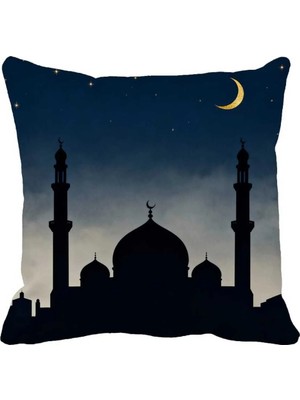 Queen Jera Ramazan Temalı Cami Silüetli Dekoratif Kırlent Kılıfı – Gece Gökyüzü, Hilal ve Yıldız Desenli