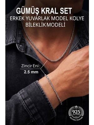 Silvera Telkari 2.5 mm Kral Yuvarlak 925 Ayar Gümüş Erkek Kolye ve Bileklik Seti ST424
