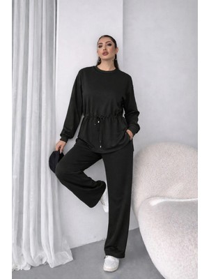 Stores36 Kadın Uzun Kollu Bisiklet Yaka Belden Büzgülü Bağcıklı Viskon Iki Iplik Bluz ve Pantolon Ikili Takım