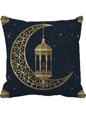 Queen Jera Ramazan Temalı Altın Hilal Fener Desenli Kırlent Kılıfı - 43 x 43 cm Islami Dekoratif Yastık Kılıfı