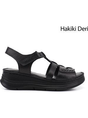 Gönderi(r) Kadın Siyah  Cırt Bantlı Dolgu Topuk Hakiki Deri Sandalet