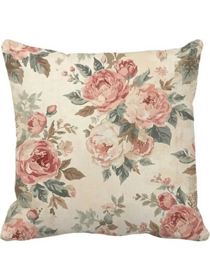 Queen Jera Retro Vintage Çiçekli Kırlent Kılıfı - Şakayık Desenli 43 x 43 cm Çift Taraf Baskılı Bohem & Country