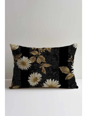 Queen Jera Zarafetiyle Öne Çıkan Papatya Desenli 30 x 50 cm Çift Taraf Baskılı Siyah Dekoratif Kırlent Kılıfı