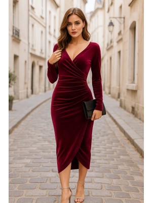 Stores36 Kadın Uzun Kollu Kruvaze Yaka Belden Büzgü Detay Midi Kadife Elbise