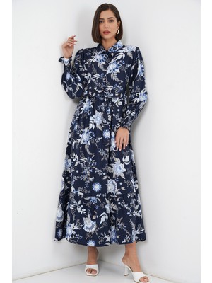 Bigdart Kadın Kuşaklı Tesettür Elbise 2589 - Lacivert