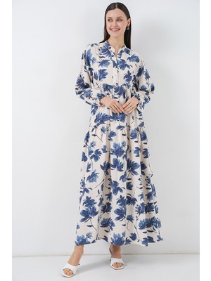 Bigdart Kadın Lilyum Kumaş Uzun Tesettür Elbise 2593 - Indigo