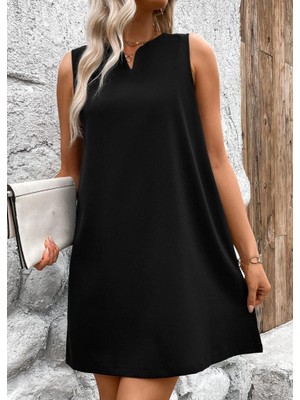 Stores36 Kadın Askılı V Yakalı Geniş Kesim Detaylı Kısa Janjan Krep Elbise