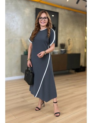 Stores36 Kadın Kısa Kollu Bisiklet Yaka Çift Şerit Renk Detaylı Asimetrik Kesim Viskon Iki Iplik Elbise