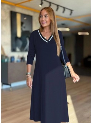 Stores36 Kadın Uzun Kollu V Yakalı Midi Çağla Yeşili Modal Elbise