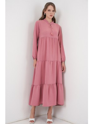 Bigdart T1627 Yaka Bağcıklı Elbise - Gül Kurusu