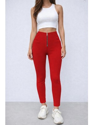 Stores36 Kadın Yüksek Belli Önden Fermuar ve Nervur Detaylı Dalgıç Tayt