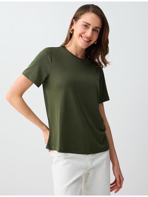 Jimmy Key Haki Kısa Kollu Bisiklet Yaka Modal Örme Tişört