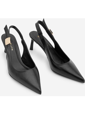 Marjin Kadın Stiletto Sivri Burun Arkası Açık Tokalı Lastikli Kısa Klasik Topuklu Ayakkabı Zelor Siyah