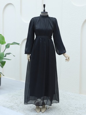 Modamorfo Omuzdan Büzgülü Işıltı Kumaş Balon Kol Elbise -Siyah