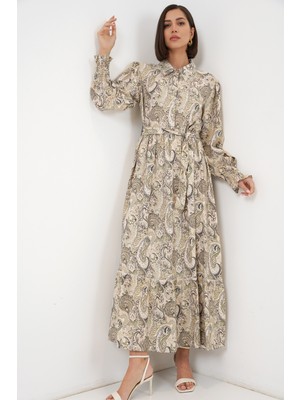 Bigdart Kadın Kuşaklı Tesettür Elbise 2589 - Bej