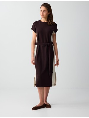 Jimmy Key Acı Kahve Yuvarlak Yaka Düşük Omuz Modal Örme Midi Elbise