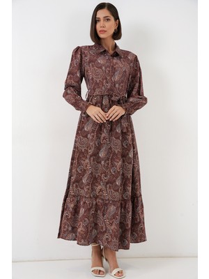 Bigdart Kadın Kuşaklı Tesettür Elbise 2589 - Kahverengi