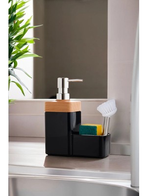 Okacih Bambu Kapaklı Hazneli Sıvı Sabunluk Tezgah Üstü Mutfak Banyo Deterjanlık Fırça Sünger Dahil Değildir