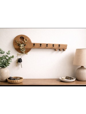 WoodBay Ceviz Ağacı Geyik Başlı Anahtar Askılığı | Pirinç Detaylı Duvar Askısı | Dekoratif Anahtarlık