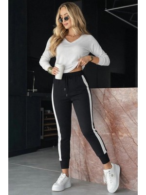 Stores36 Kadın Yüksek Bel Kuş Gözü Detaylı Bağcıklı Yan Şeritli Viskon Iki Iplik Eşofman Altı