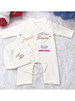 STİLİMSENSİN%100 Pamuk Organik 4 Katlı Müslin Kumaş Tulum Şapka  Hastane Çıkış Seti  (Kişiye Özgü Isimli Nakış Desenli)