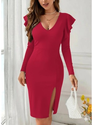 Stores36 Kadın Uzun Kollu V Yakalı Yandan Yırtmaçlı Midi Ithal Krep Elbise