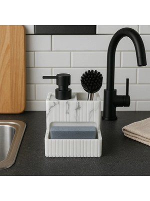 Okacih Polyresin Fırçalı Süngerli Tezgah Üstü Sıvı Sabunluk Mutfak Banyo Deterjanlık