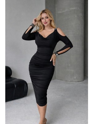 Stores36 Kadın Omuzlardan Açık Uzun Kollu Taşlı Degaje Yakalı Sandy Midi Elbise