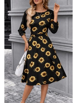 Stores36 Kadın Fakir Kol Bisiklet Yaka Midi Mikro Elbise