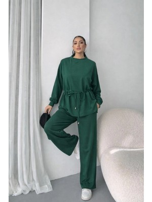 Stores36 Kadın Uzun Kollu Bisiklet Yaka Belden Büzgülü Bağcıklı Viskon Iki Iplik Bluz ve Pantolon Ikili Takım