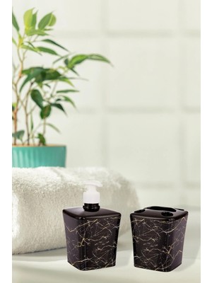Okacih 2'li Siyah Mermer Desen Set Sıvı Sabunluk Diş Fırçalık Banyo Sabunluk