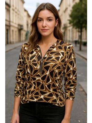 Stores36 Kadın Uzun Kollu Yuvarlak Yaka Fermuarlı Desenli Şardonlu Bluz